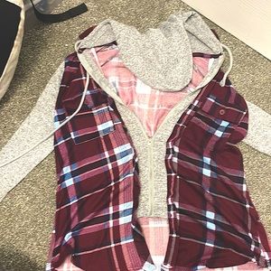 Flannel Jacket. Large (11-13). Maroon and blue plaid with grey sleeves.